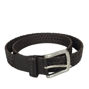 Men's Size L Brown Woven Genuine Leather Belt Silver Tone Buckle Cowboy Western